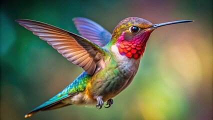 Fototapeta premium Hyper-realistic close-up of a hummingbird in flight with intricate details and vibrant colors under natural light