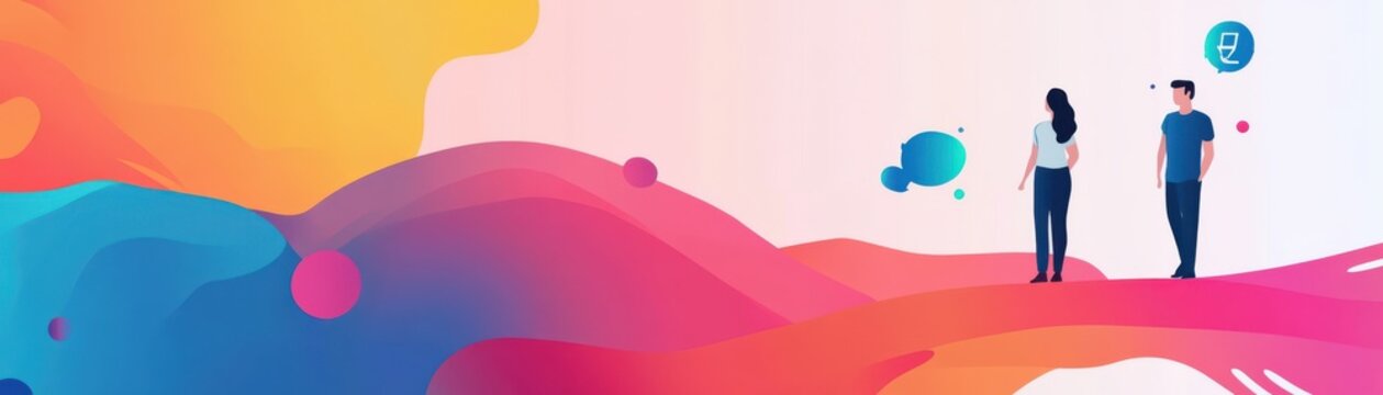 Colorful illustration depicting two people engaging in conversation against an abstract background with vibrant shapes.