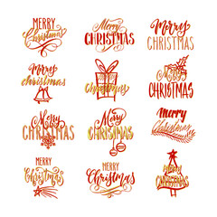Handwritten Christmas greetings set, modern festive calligraphy lettering in golden and red over white. Holiday season design elements collection illustration.