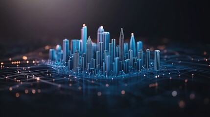 features a vibrant blue digital cityscape filled with skyscrapers and buildings, highlighting data transfer and modern technological concepts against a black backdrop