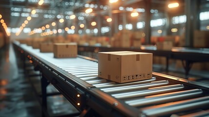 Closed boxes on a conveyor in a warehouse