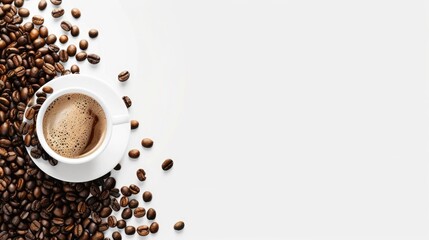 Naklejka premium Coffee beans and a cup of espresso in wide banner with space.