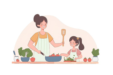 Cute girl and mother cooking together, a simple flat vector illustration with a white background, Generative AI