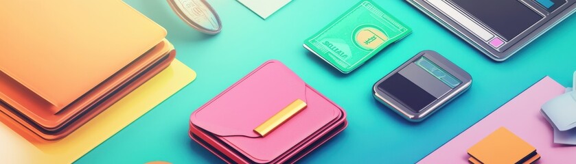 Colorful stationery items and technology arranged beautifully for a creative workspace or office setting.