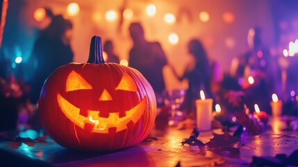 A close-up shot of a rotten pumpkin, its face contorted in a fearful expression, dark ooze dripping from its mouth