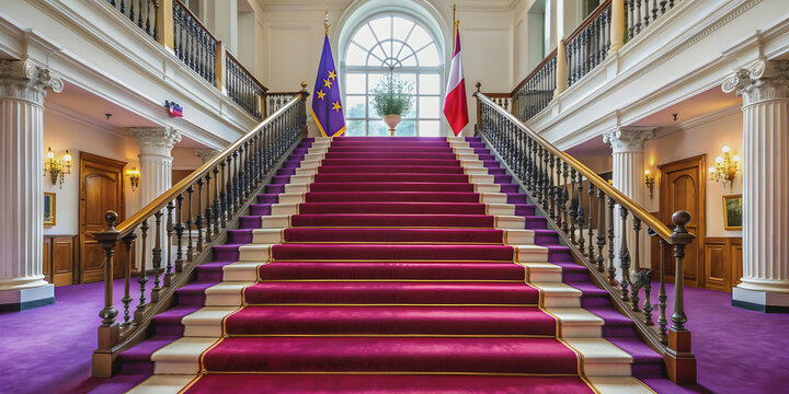 Royal purple staircase in embassy with prominent flags at entrance, Curved, royal, purple, staircase, embassy, flags
