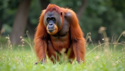 Naklejka premium Orange orangutan in natural setting. Grassy location with tree background. Large primate.