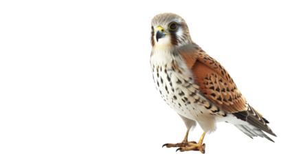 Bird of prey perched or kestrel bird isolated on png background.