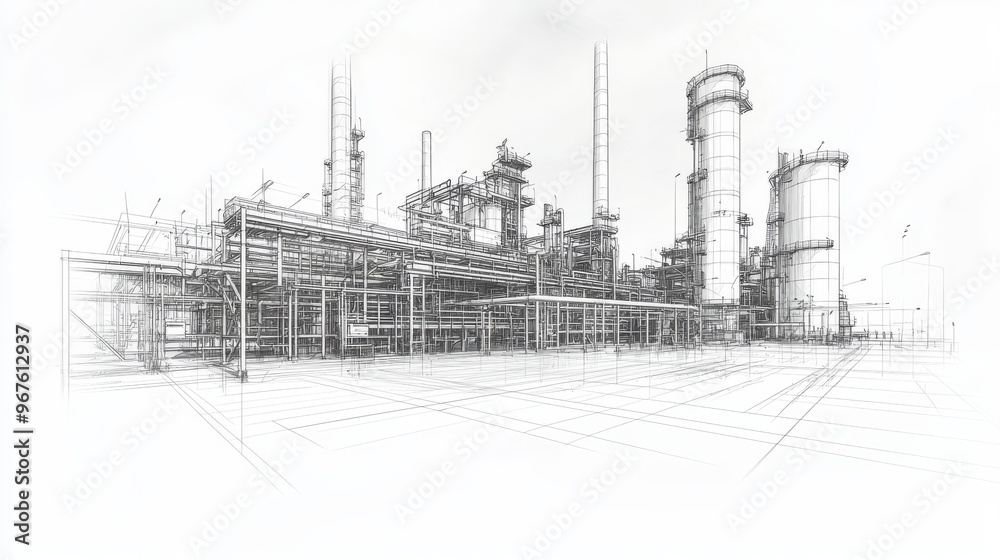 Wall mural industrial equipment rendered in wireframe style with layers of visible and invisible lines separate