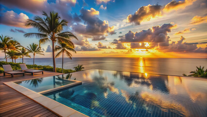 Fototapeta premium Infinity pool in the luxurious resort overlooking the ocean at sunset, resort, pool, sunset, infinity, luxury, relaxation, travel