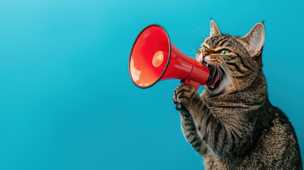 A cat holding megaphone, passionately screaming into it against vibrant blue background. This playful scene captures cats expressive nature and adds humorous touch