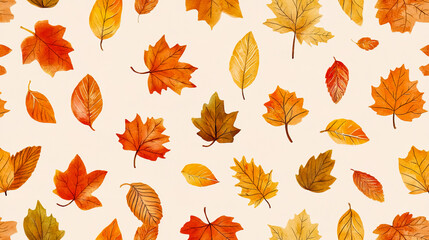 Autumn gift wrap pattern, printable, plain background, autumn leaves.