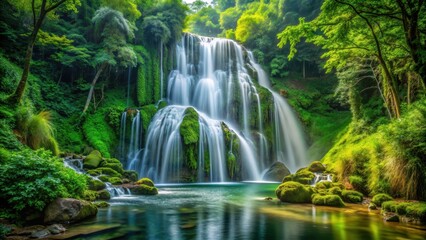 Fototapeta premium Spectacular waterfall cascading through lush green forest, waterfall, landscape, nature, scenic, beautiful, serene