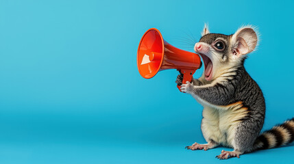 A sugar glider holding megaphone, energetically screaming into it against vibrant blue background. This playful scene captures lively spirit of this adorable creature