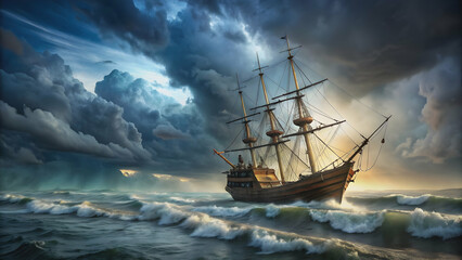 Obraz premium Ship Flying Dutchman caught in a storm near the shore, storm, ship, Flying Dutchman, ocean, water, waves, dramatic, weather