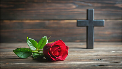 Beautiful sympathy card with red rose and black cross, sympathy card, condolence, mourning, grief, remembrance, rose