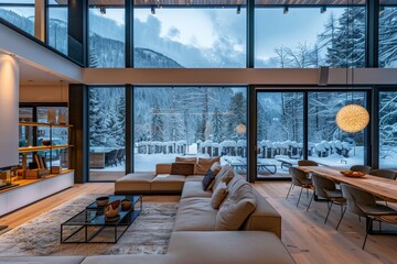Fototapeta premium Modern living room with dining area in a luxury mountain house, featuring a large window with a view of the winter snow landscape at evening.