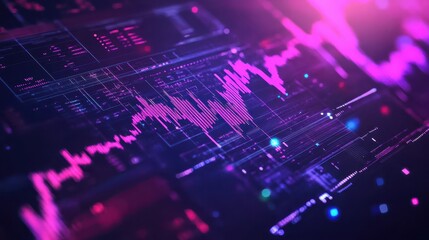 Obraz premium Dynamic digital landscape showcasing vibrant data visualization and graph analytics illuminated in purple hues.