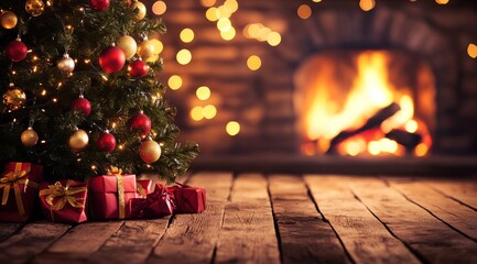 Un sapin de No&euml;l avec des cadeaux de couleur rouge &agrave; c&ocirc;t&eacute; d'une chemin&eacute;e dans une pi&egrave;ce sombre, arri&egrave;re-plan chaleureux et festif, image avec espace pour texte.