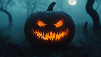 Obraz premium A close-up of a cracked pumpkin with a twisted, screaming face, glowing with flickering yellow light