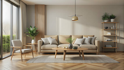 Fototapeta premium Modern living room with beige sofa and wooden table, modern, living room, beige, sofa, wooden, table, interior design