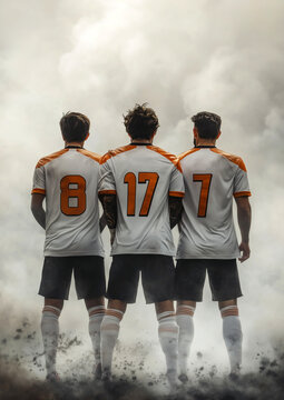 Trois joueurs de football masculins debout, vue de dos, portant des maillots blancs et orange et un short noir avec num&eacute;ros visibles, arri&egrave;re-plan avec brume.