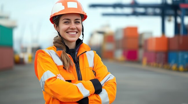 Une ouvri&egrave;re souriante avec une veste de s&eacute;curit&eacute; et un casque de protection orange, debout dans un port avec des conteneurs et des grues de chargement &agrave; l'arri&egrave;re-plan.