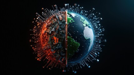 Obraz premium An artistic representation of the earth with half covered in military gear and the other half blooming with life