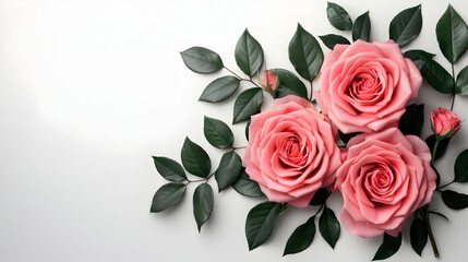 Fototapeta premium Set Beautiful Pink Roses With Lush Green Leaves