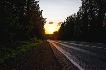 Fototapeta premium The roadbed glitter in the rays of the setting sun along the edges of the road is a forest of years