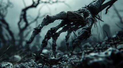 A close-up shot of a rotten pumpkin, its face contorted in a fearful expression, dark ooze dripping from its mouth