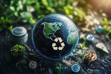 The planet Earth is depicted alongside waste sorting symbols, emphasizing environmental care and sustainable practices.