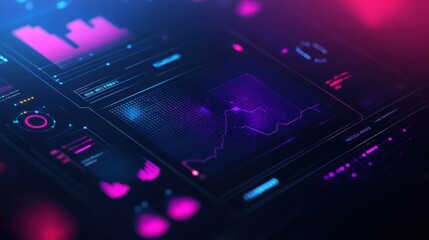 Obraz premium Futuristic data visualization dashboard with vibrant colors, graphs, and stats for digital analysis and business intelligence.