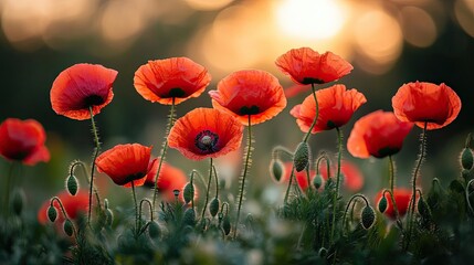 Obraz premium A cluster of wild poppies growing in a meadow, their red petals contrasting with the green grass