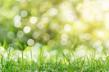Obraz premium Dew-covered grass with sunlit bokeh background