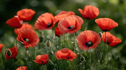 Fototapeta premium A cluster of wild poppies growing in a meadow, their red petals contrasting with the green grass
