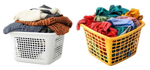 Set of laundry baskets filled with various clothes in red and blue tones on transparent background.