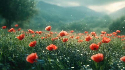 Obraz premium A cluster of wild poppies growing in a meadow, their red petals contrasting with the green grass