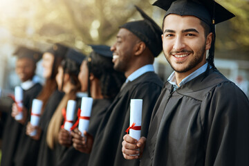Fototapeta premium Portrait, happy and man with diploma for graduation celebration, education achievement and success. Excited, students and certificate, graduate together and learning goals for university ceremony