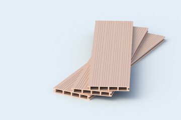 Heap of decking boards on gray background. Building materials. Siding planks. Modern composite panel for terrace. Home renovation. Copy space. 3d render