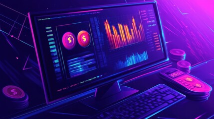 Obraz premium Futuristic design of a computer monitor displaying financial data and cryptocurrency trends in vibrant neon colors.