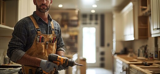 Construction worker holding a drill in a modern kitchen during renovation