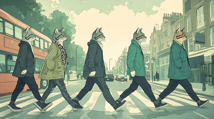 Paws of the Past: 80s Anime Cats in Urban Gear Crossing Abbey Road