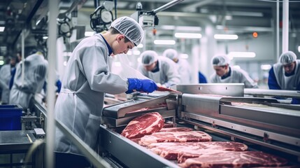 Production line in the food factory.Factory for the production of food from meat.Industrial equipment at a meat factory.Automated production line in modern food factory.People working..