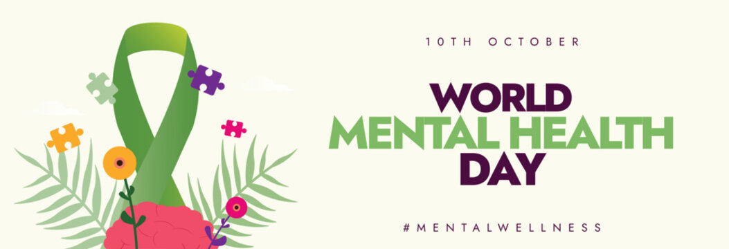 World Mental Health Day. 10th October Mental health day celebration cover banner with green ribbon, flowers, brain. The raise awareness for mental health and people suffering from depression, anxiety.