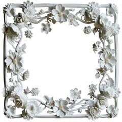 Obraz premium Elegant white floral frame three dimensional shape isolated on png background.
