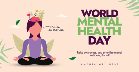 World Mental Health Day background, banner, post design. Mental health day conceptual design with girl character sitting in Sukhasana pose, relaxing her mind. The day is celebrated to raise awareness.