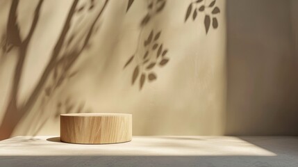 Empty wood pedestal with natural shadows on beige wall for organic cosmetic product display