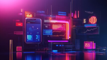 Futuristic digital display with smartphone and data visuals, showcasing modern technology and vibrant neon colors.
