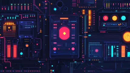 Fototapeta premium Futuristic digital interface design featuring vibrant colors and complex patterns, ideal for technology and innovation themes.